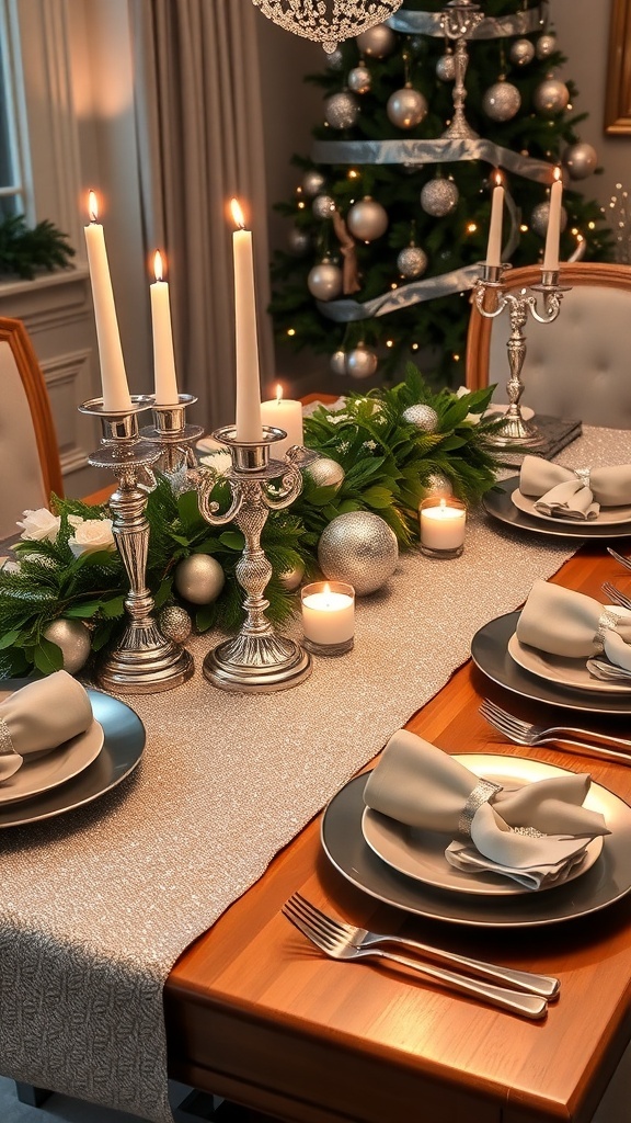 An elegant Christmas table setting with silver decorations, candles, and greenery.